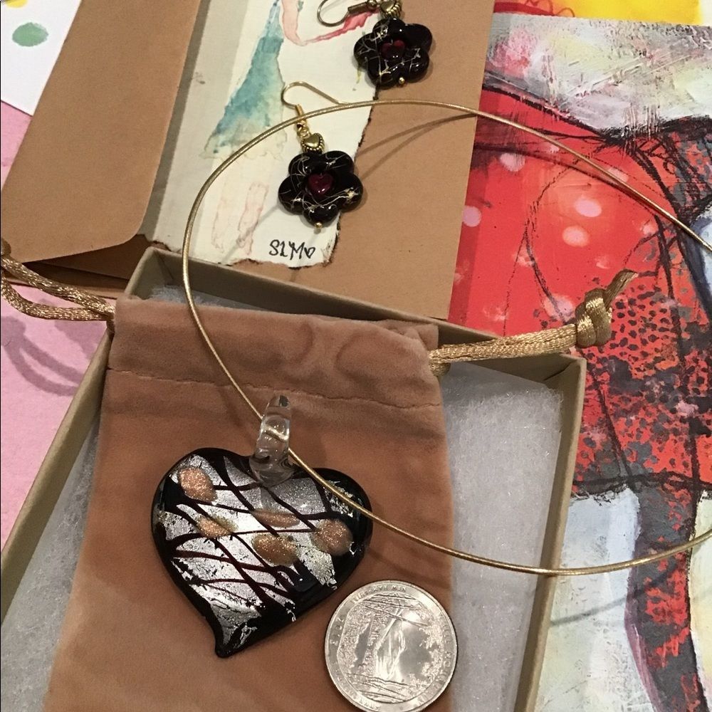 Murano Glass Heart Necklace & Earrings
